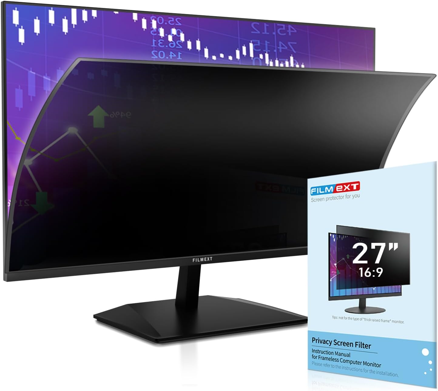 FILMEXT [2023 Upgrade 27 Inch Removable Privacy Screen Filter for 16:9 All-in-One Desktop/Frameless Computer Monitor, Bubble Free Anti Spy Blue Light Filter for Computer 27" 16:9 -Frameless Monitor