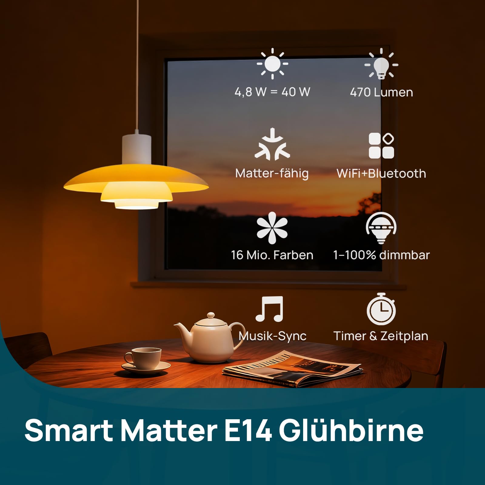 Linkind Matter E14 Smart Glühbirne B38 RGBTW, 1800K-6500K, CRI 90+, 470lm, 4.8W, 3 Stück