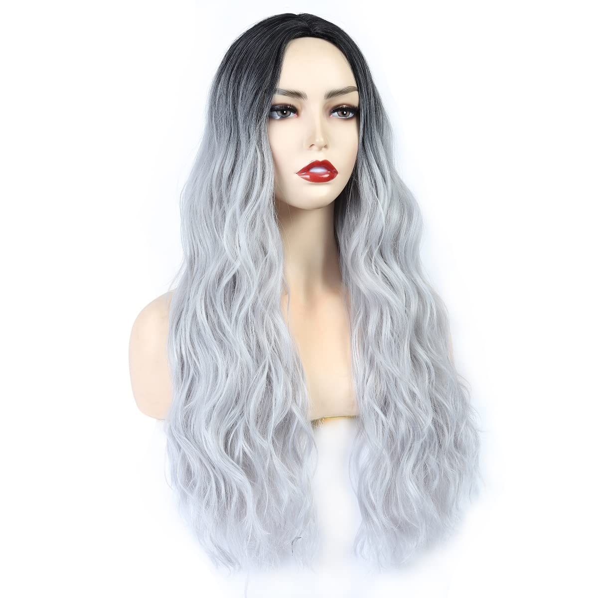 26inch Ombre Silver Long Wavy Wigs for Women Synthetic Curly Wig Heat Resistant Party Cosplay Halloween Costume Wigs for Girls…