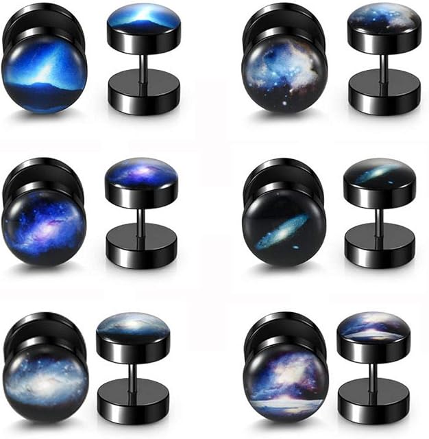 PiercingJak 6 Pairs Fake Gauges Earring 18G Solar System Galaxy Universe Stainless Steel Stud Barbell 00G Cheater Fake Ear Plugs Illusion Tunnel Piercing Stud Screw Earrings