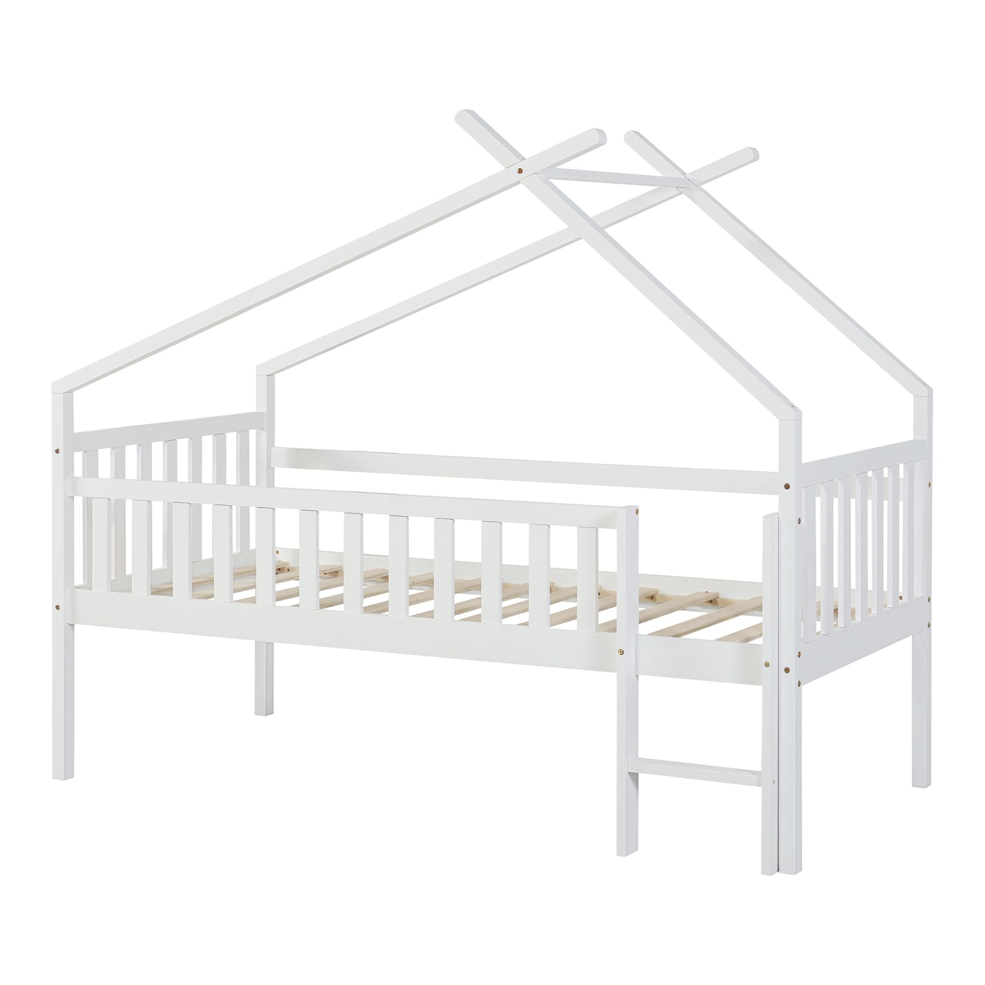 [en.casa] Lit Cabane Lit Enfant Surélevé en Forme de Maison avec Barrière de Protection Échelle Lit Mezzanine avec Sommier à Lattes Bois de Pin Contreplaqué 90 x 200 cm Blanc