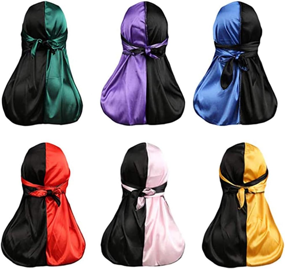 6 Pcs Silky Durag, Two Tone Pirate Cap Long-Tail Headwraps for Men Women, Multi, Large
