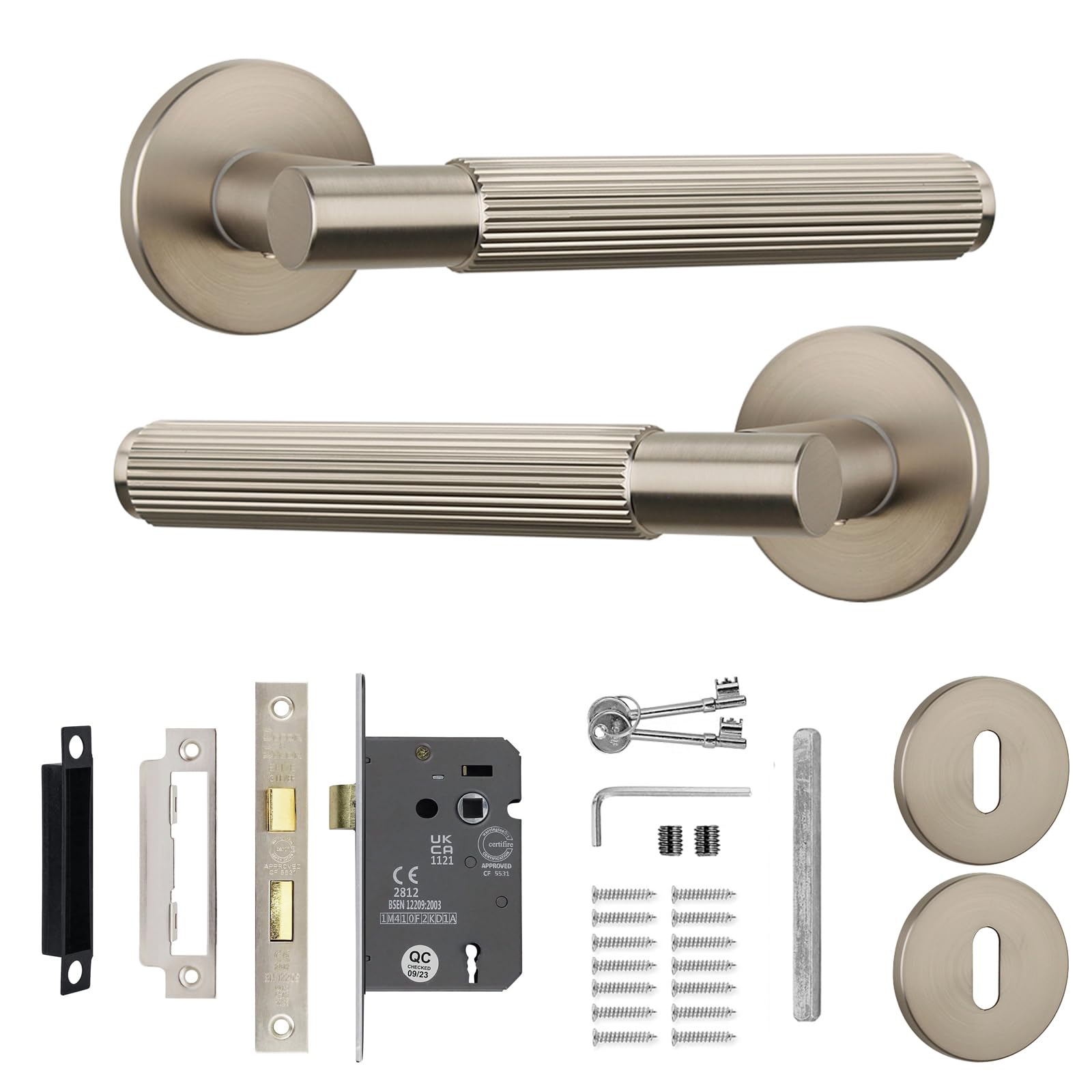 Decoranddecor Hera Silver Internal Door Handles - Aluminium Handle Sets with Fire-Rated Sash Lock and Keys - Sleek and Durable Design for Wooden Interior Doors in Homes and Offices