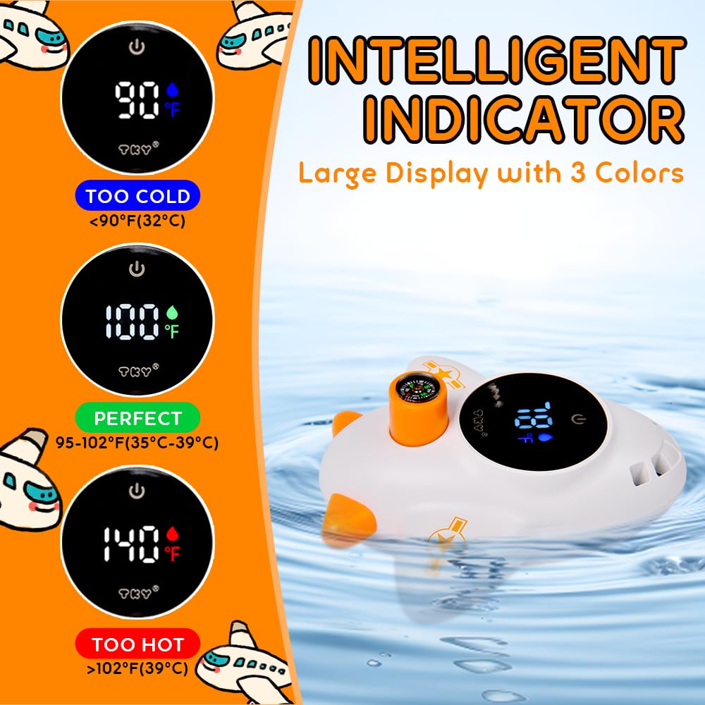 TKY Termómetro de baño para bebé con juguetes flotantes, monitor digital de agua y temperatura ambiente, termómetro recargable con alertas para artículos esenciales de baño para recién nacidos