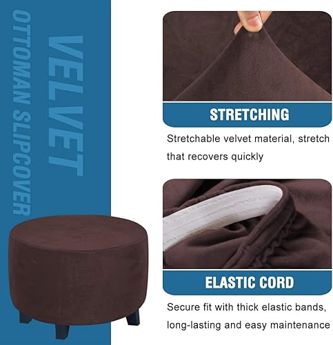 Miniatura 3 de Funda otomana redonda de terciopelo, fundas protectoras para reposapiés, fundas elásticas con parte inferior elástica, cuentan con tela de felpa de