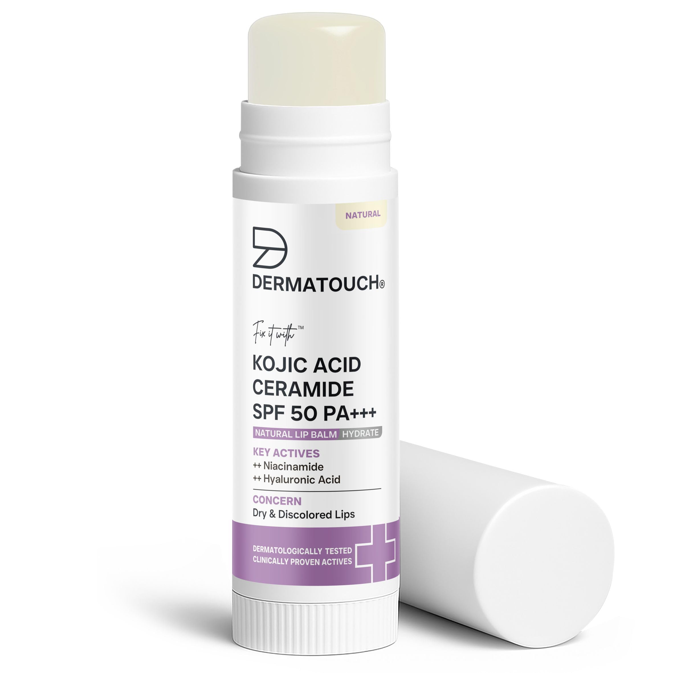 DERMATOUCH Kojic Acid Ceramide SPF 50 PA+++ Natural Lip Balm - 5g | Moisturizing • Sun Protection • Nourishing | Reduces Pigmentation & Heals Dry Lips