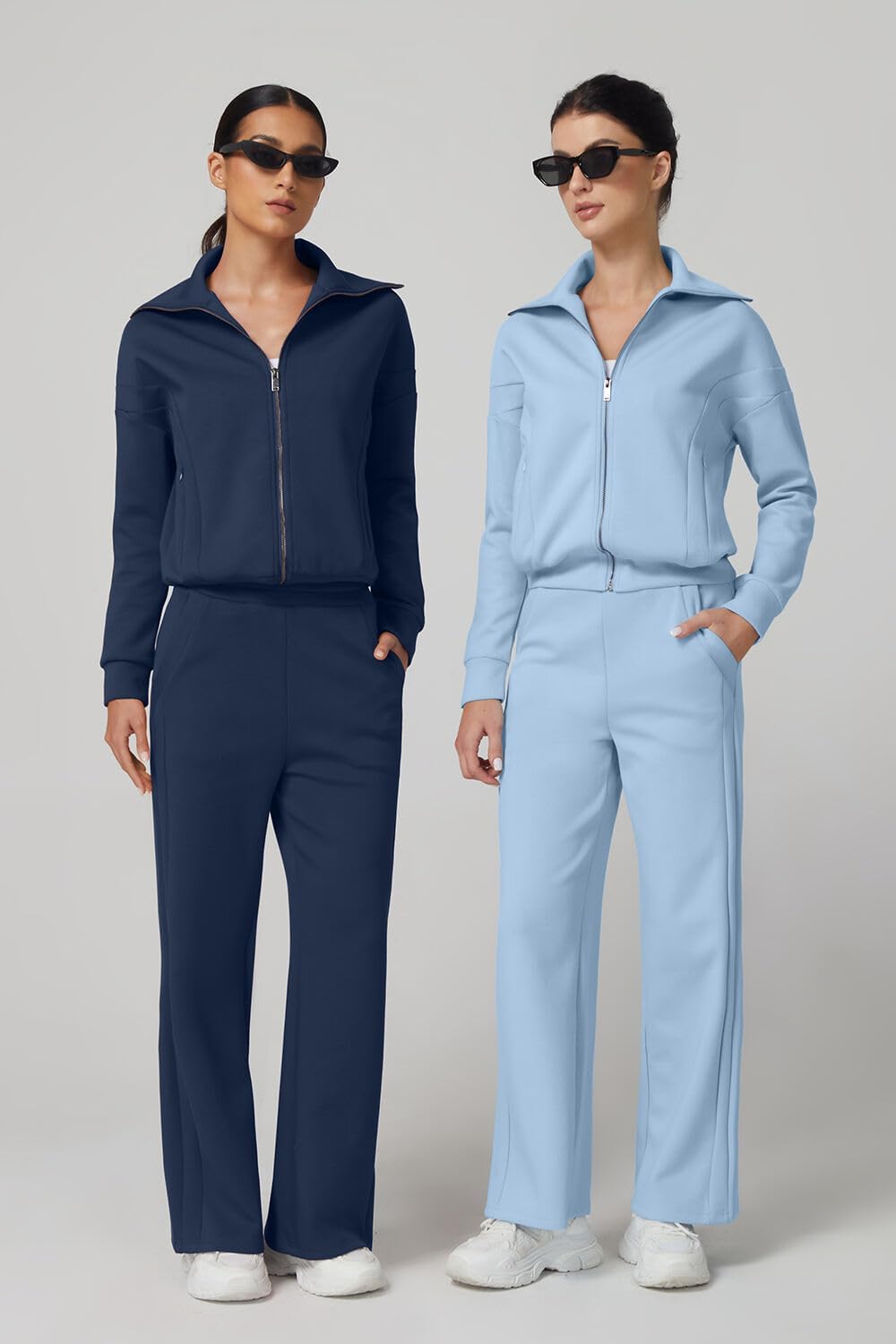 QINSEN Women's Cotton 2 Piece Outfits Lapel Long Sleeve Zip Up Sweatshirt Wide Leg Pants Matching Tracksuit Sets - Image 6