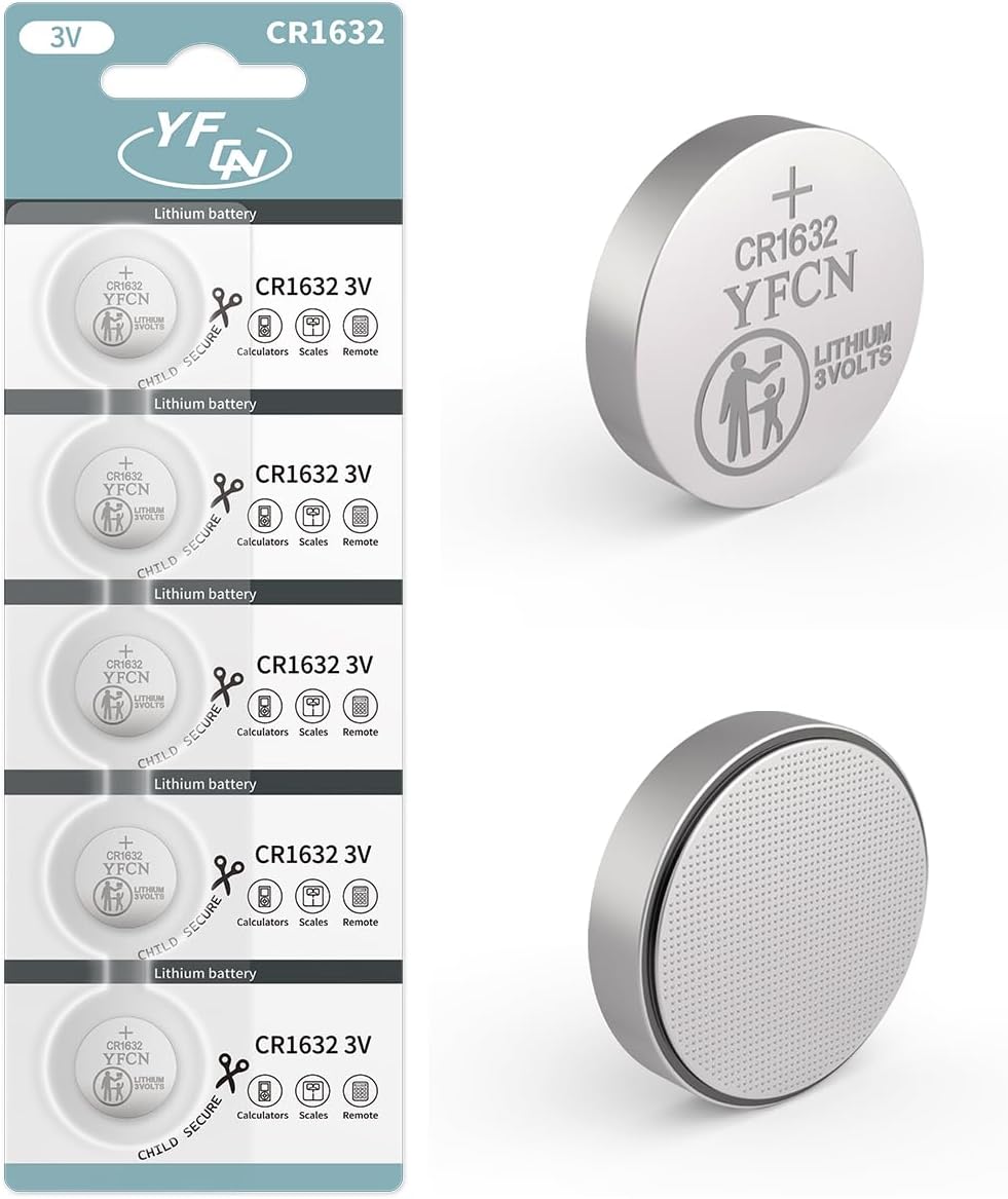 YFCN CR1632 Battery 3V Lithium Battery 5 Count Pack CR1632 Batteries for Car Key Fob, Keyless Remote, Sensors - CR 1632 Coin Cell Batteries - 5 Years Shelf Life