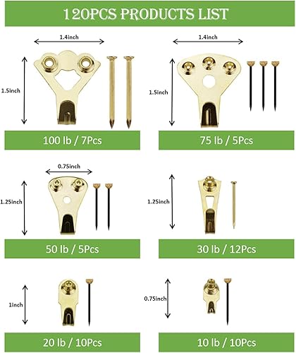 Miniatura 2 de 120 ganchos de fotos resistentes con clavos, ganchos profesionales para colgar cuadros que soportan hasta 100 libras, accesorios para colgar de alta