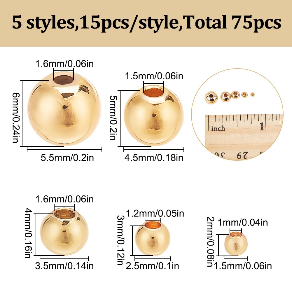 HOBBIESAY 75Pcs 5 Styles 14K Gold Plated Beads 2-6mm Round Spacer Beads Brass Tiny Smooth Metal Spacer Rondelle Loose Spacers Bead for DIY Crafts Bracelets Necklace Jewellery Making - Image 2