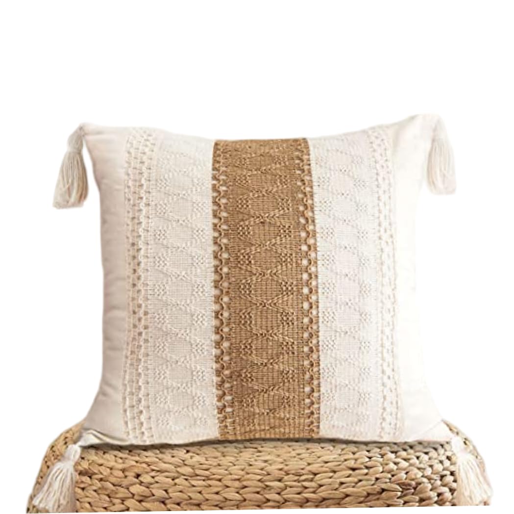 Vistnale Farmhouse Throw Pillow Cover 18x18, Cotton Jute Striped Decorative Pillowcase with Tassels for Couch Sofa, Neutral Beige Pillow Cover for Living Room Bedroom Patio