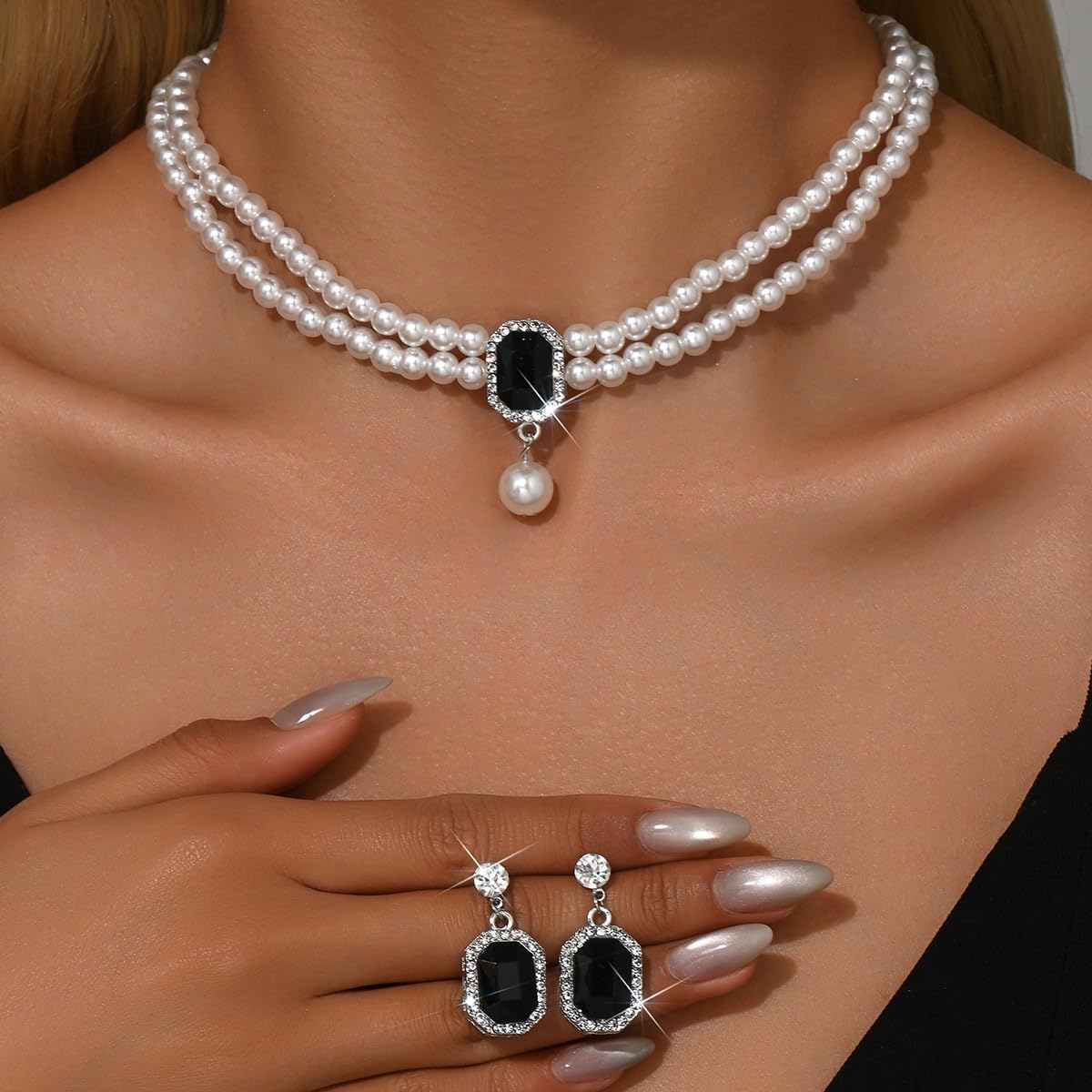 Pearl Necklace and Earring Jewelry Set for Women,Fake Pearls Necklace White Pearl Rhinestone Choker for Prom Wedding Birthday Bridal Bridesmaid Costume Accessories - Image 3