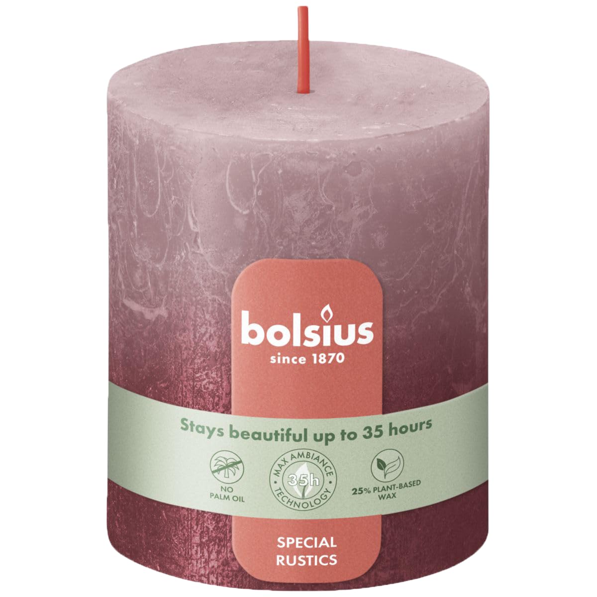 Bolsius Red,Rose Rustic Pillar Candles - Sunset (Rose Red)
