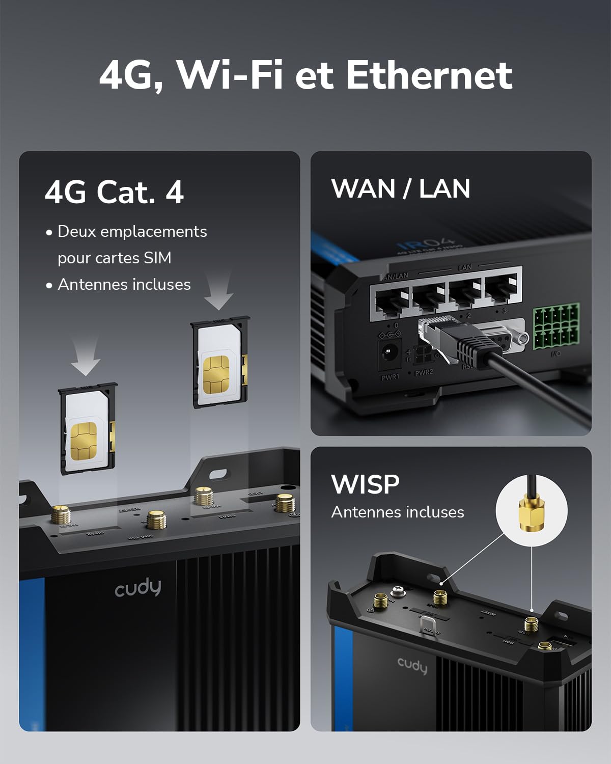Cudy Routeur Wi-Fi industriel 4G LTE N300 Cat 4, double SIM, RS232/422/485, IP30, alimenté par PoE, contrôle par application ou Web, rail DIN, montage mural, IR04