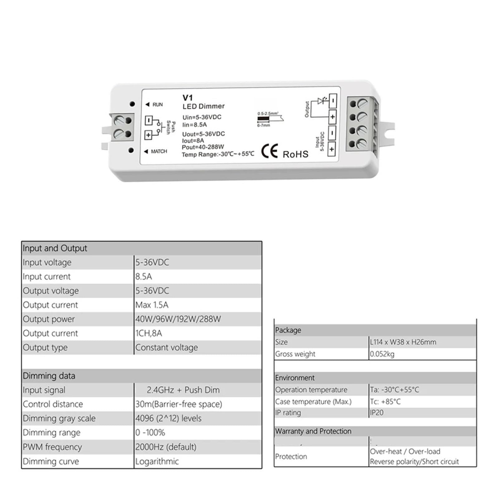 V1 LED-Dimmer, 1 Kanal, 5 V, 12 V, 24 V, 36 V, 4 Zonen, einfarbiges LED-Lichtleisten-Dimm-Set, 2,4 G Fernbedienung, Touch-Schalter-Dimmer(1XV1 Only)