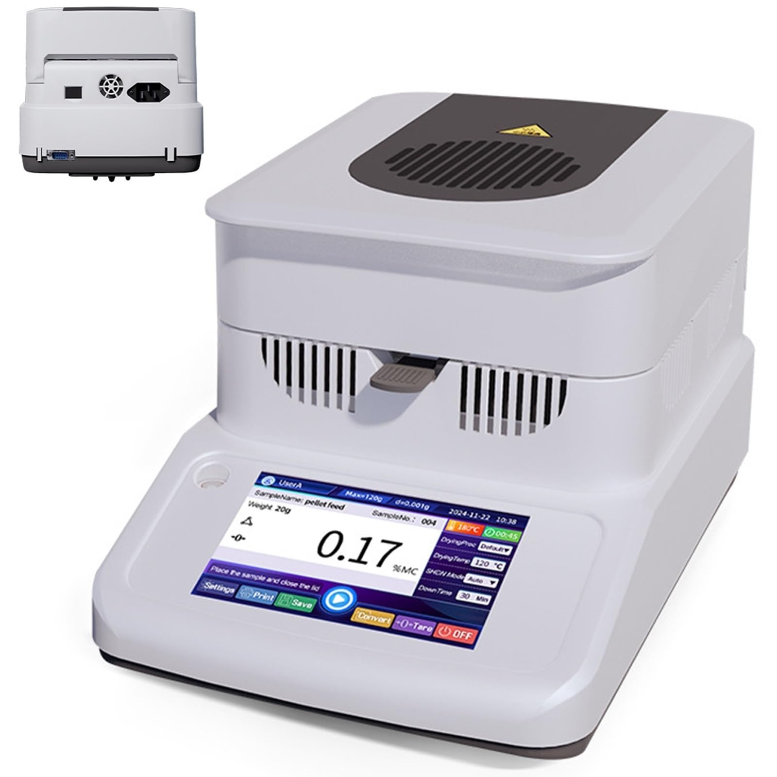 120 g przenośny halogenowy miernik wilgotności, laboratoryjny halogenowy analizator wilgotności z 5-calowym ekranem dotykowym LCD, dokładność 0,001-0,005 g, halogenowy miernik wilgotności(0.002G)