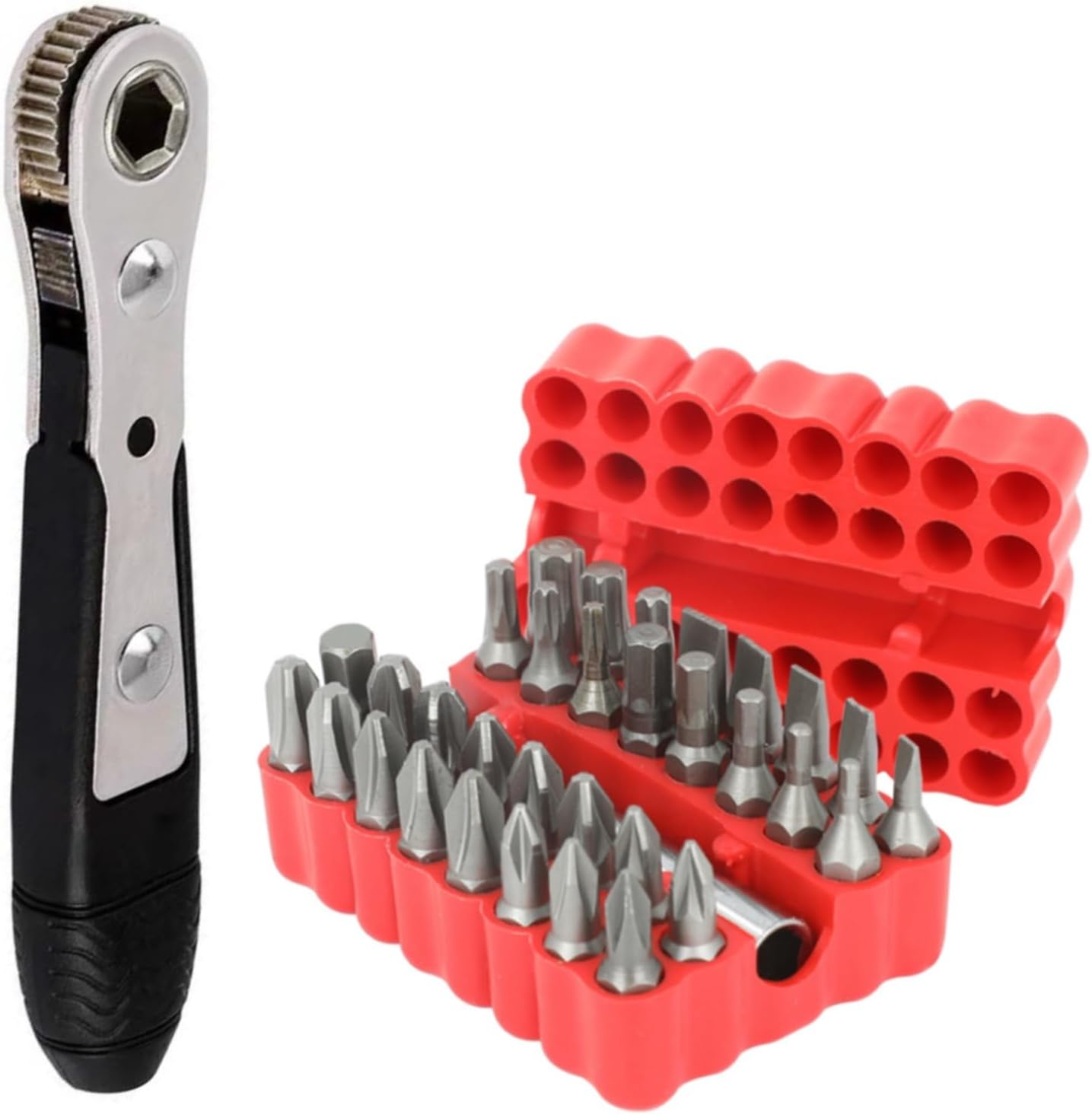 Sunkizzrs® 34-Pcs Ratchet Wrench Screwdriver Bit Set—1/4"(6.35mm)Hex Socket Double-Head Bidirectional Control—Mini Magnetic Ratchet Screw Driver Set with High Torque for Gadgets/Machines (Pocket Size)