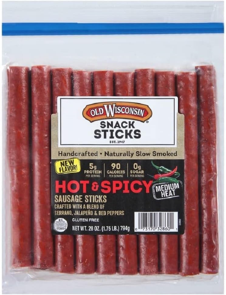 Old Wisconsin Hot & Spicy Sausage Snack Sticks, Naturally Smoked, Ready to Eat, High Protein, Low Carb, Keto, Gluten Free, 28 Ounce Resealable Package