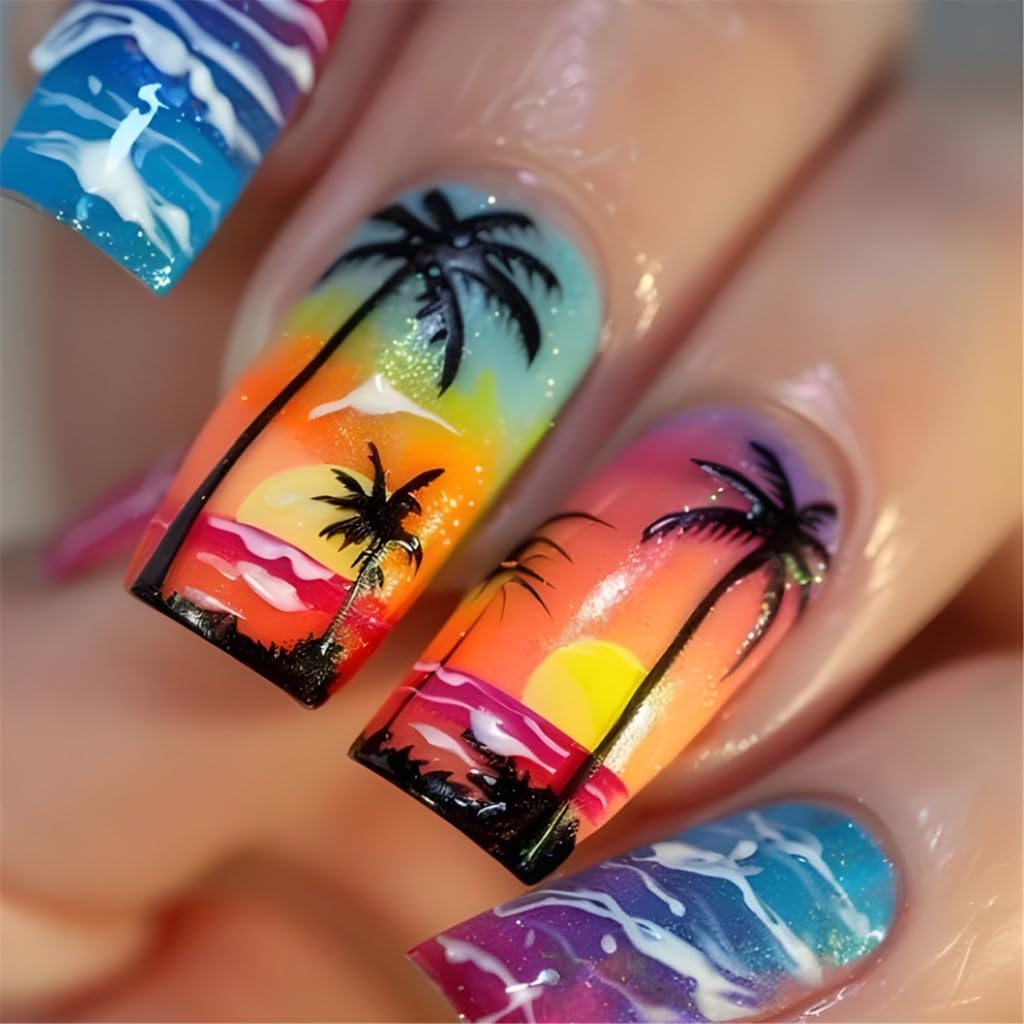 Square False Nails with Sunset Beach Palm Tree Designs Acrylic for Work Dates Parties and Vacations