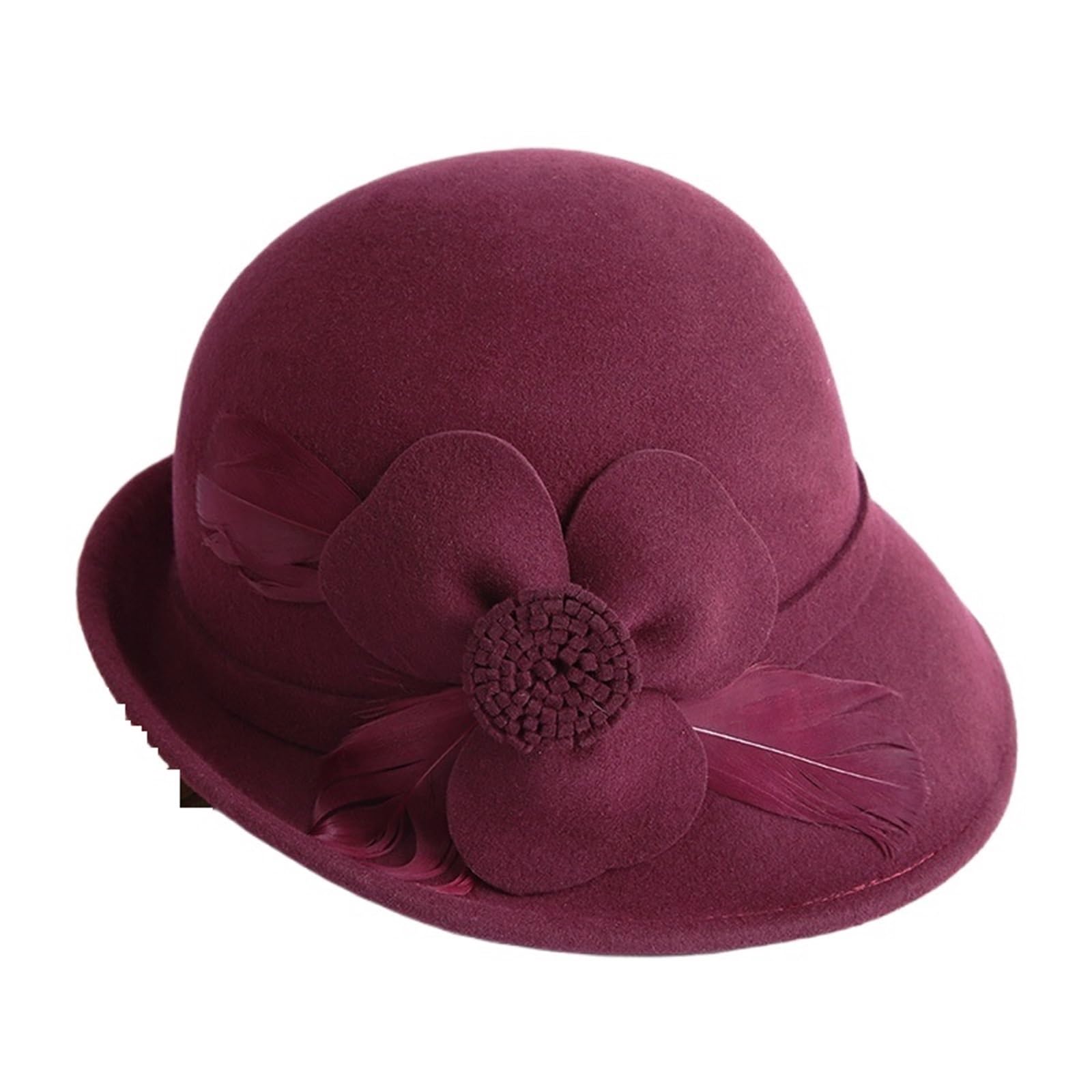 Vmdvbna Unisex Burgundy Wedding Hat Wedding Hat Style Wool Woman Flower Cloche Cap Lady Felt Fedora For Women(Burgundy)