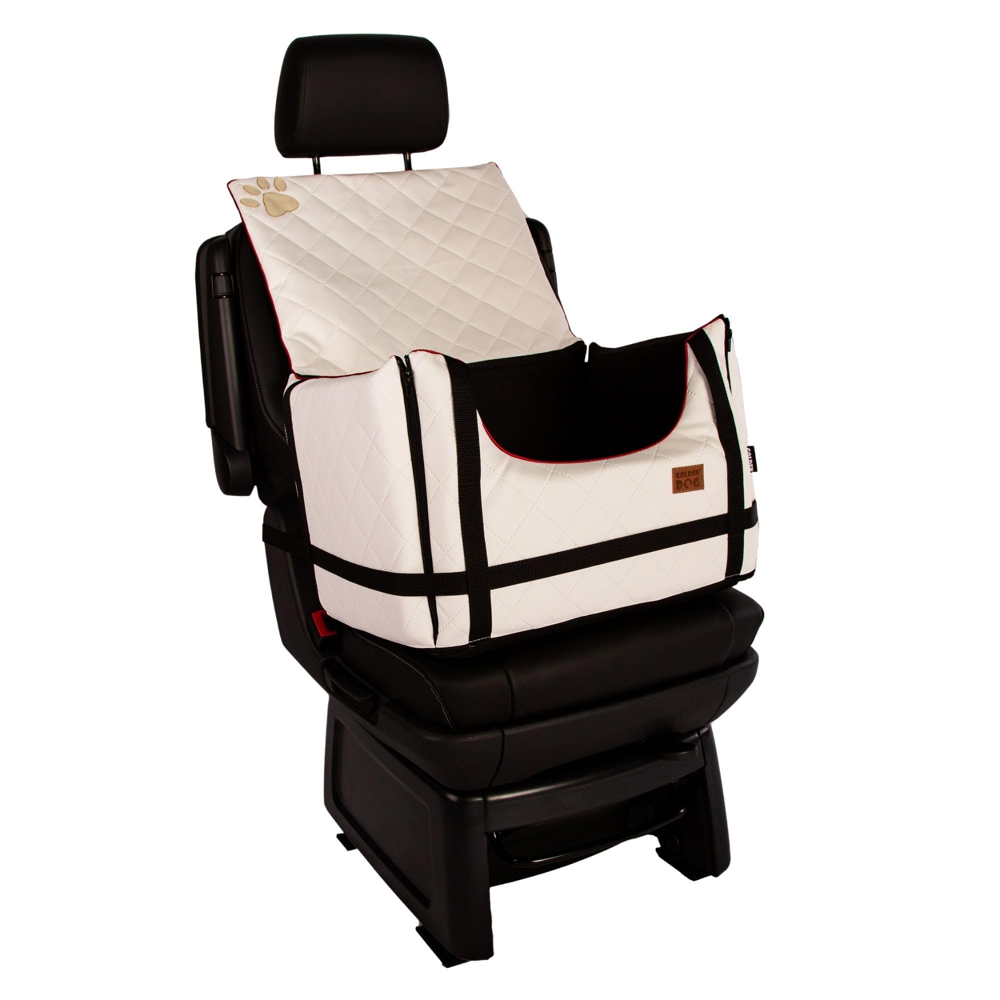 Golden Dog - Transportín para perro con cinturón de seguridad L-65 x 53 x 27 cm - Piel imitación asiento de coche para perro, resistente al agua - Asiento de pasajero para perros plegable - Cinturón