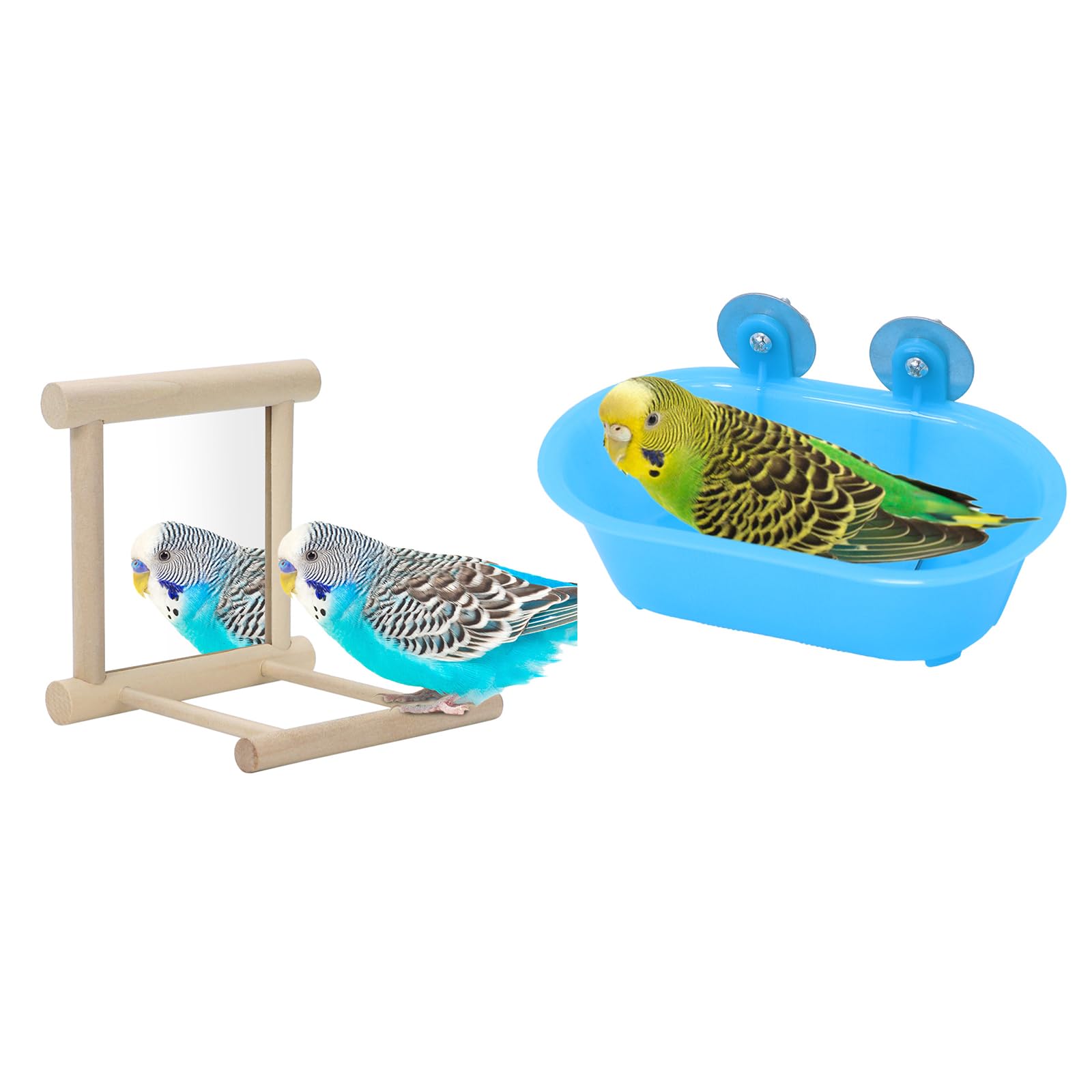Wontee Bird Bath Parrot Bathing Tub Bird Mirror with Perch Toys for Budgies Parakeets Cockatiels Lovebirds Finches Canaries (Blue (A))