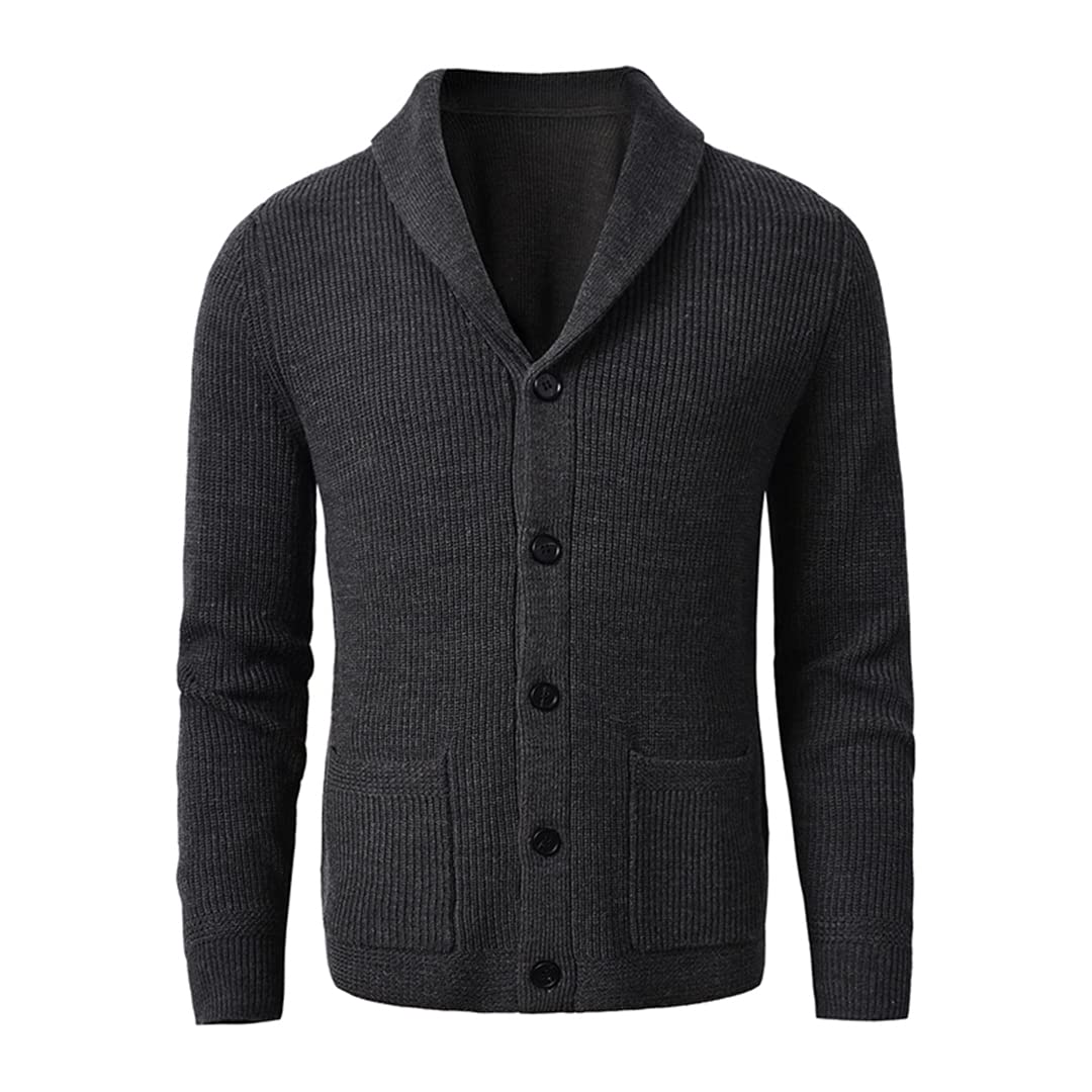 Zadaos Męski szal kołnierz kardigan sweter slim fit kabel dzianina guziki czarny sweter, ciemnoszary, M