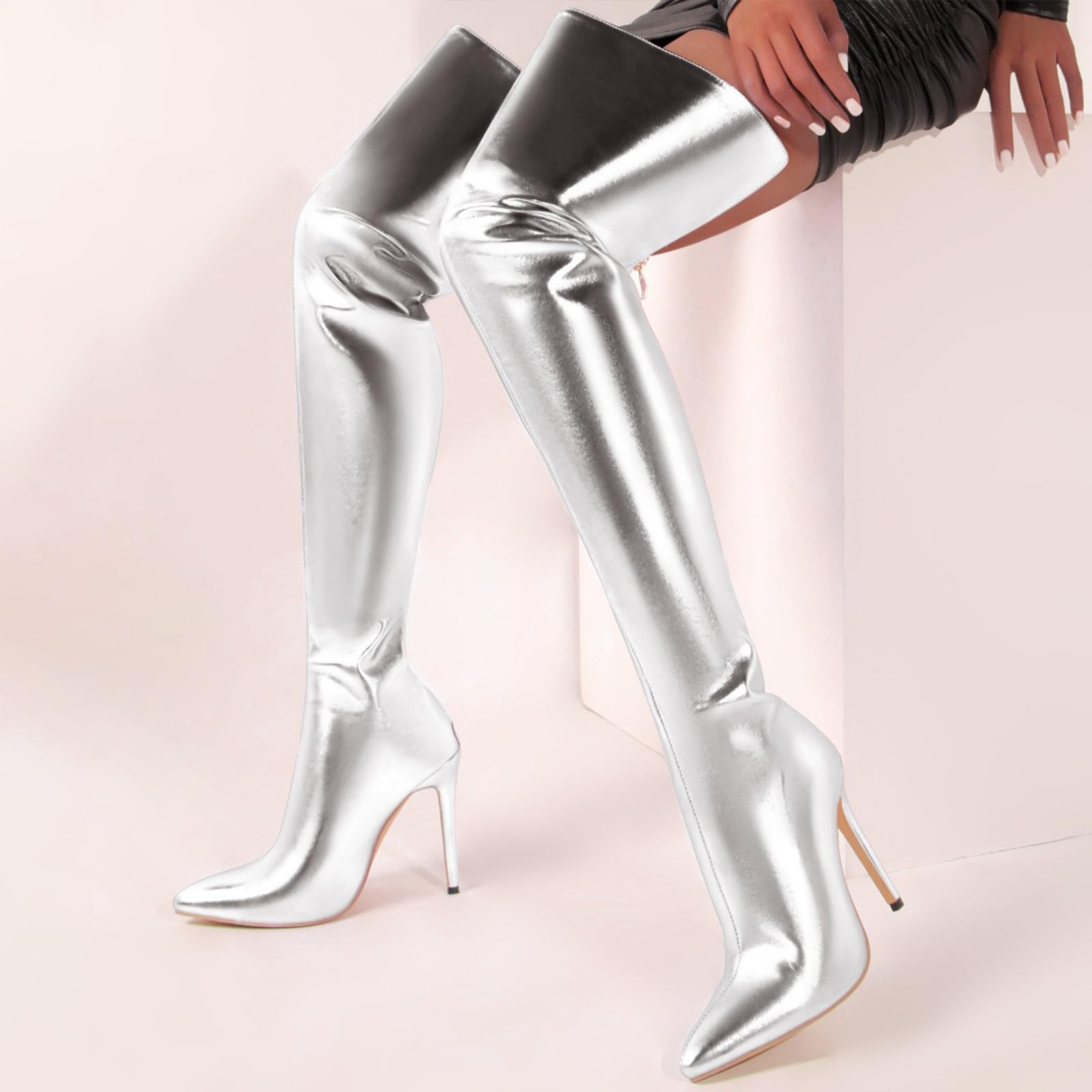 Botas de mujer con puntera ancha, botas altas por encima de la rodilla duraderas con suela interior, botas de mujer con tacón antideslizante, botas de montar para mujer, moda de invierno y