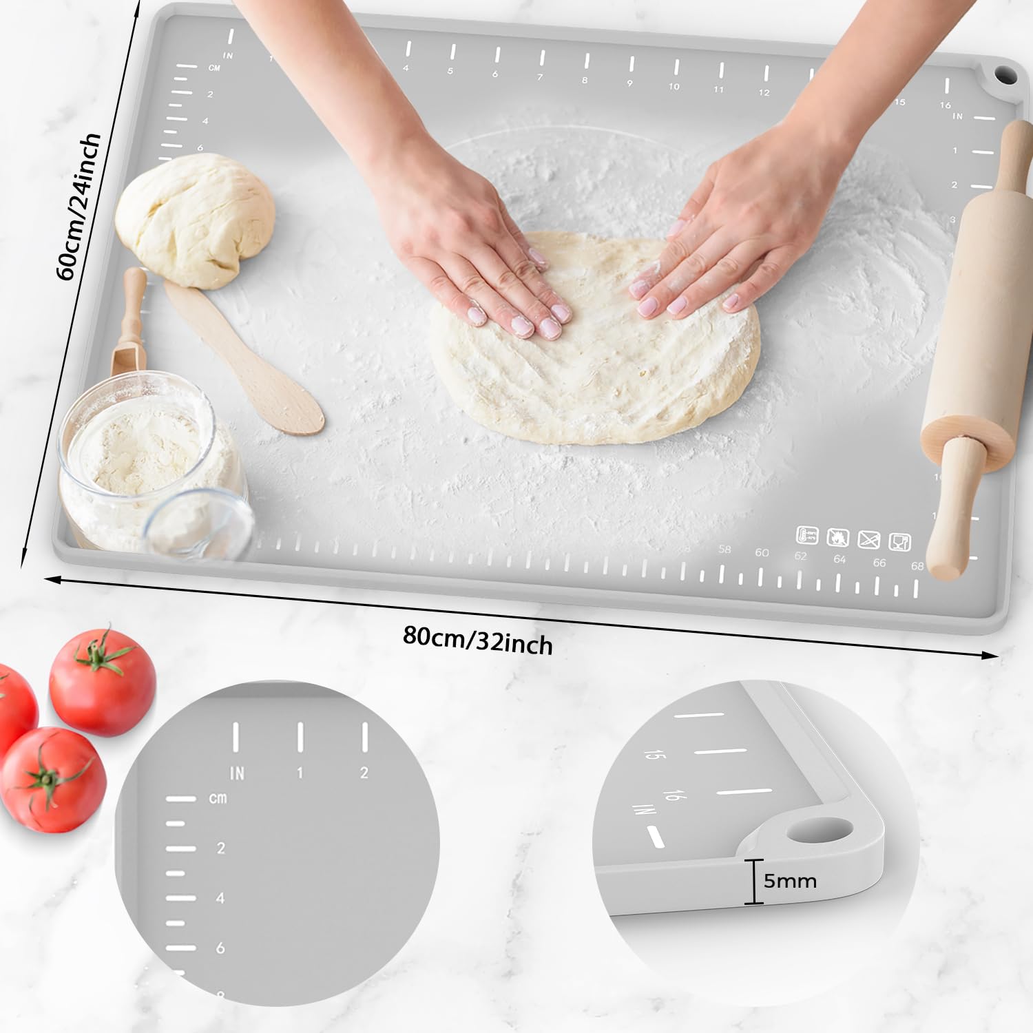 Silikon-Backmatte, 81,3 x 61 cm, extra dicke Teigrollmatte mit Messungen und Kantenerhöhung, antihaftbeschichtet, lebensmittelechtes Silikon, Gebäckmatte für Gebäck, Brot, Kekse, Pizza, Fondant,