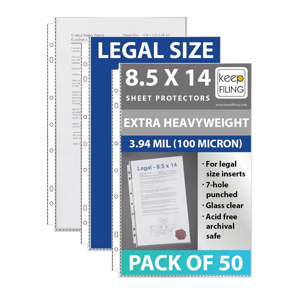 Legal Size Sheet Protectors 8.5 x 14, Top Open, 7-Holes, Extra Heavyweight, 100 Micron, 3.94 Mil Glass Clear Quality, 1 Pack (50 Sheets Total) - by Keepfiling
