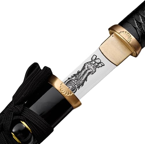 Miniatura 4 de Hoja de crisantemo japonesa real hecha a mano tanto corta katana samurái real de 13 pulgadas 1065 hoja de acero de resorte de acero de espiga