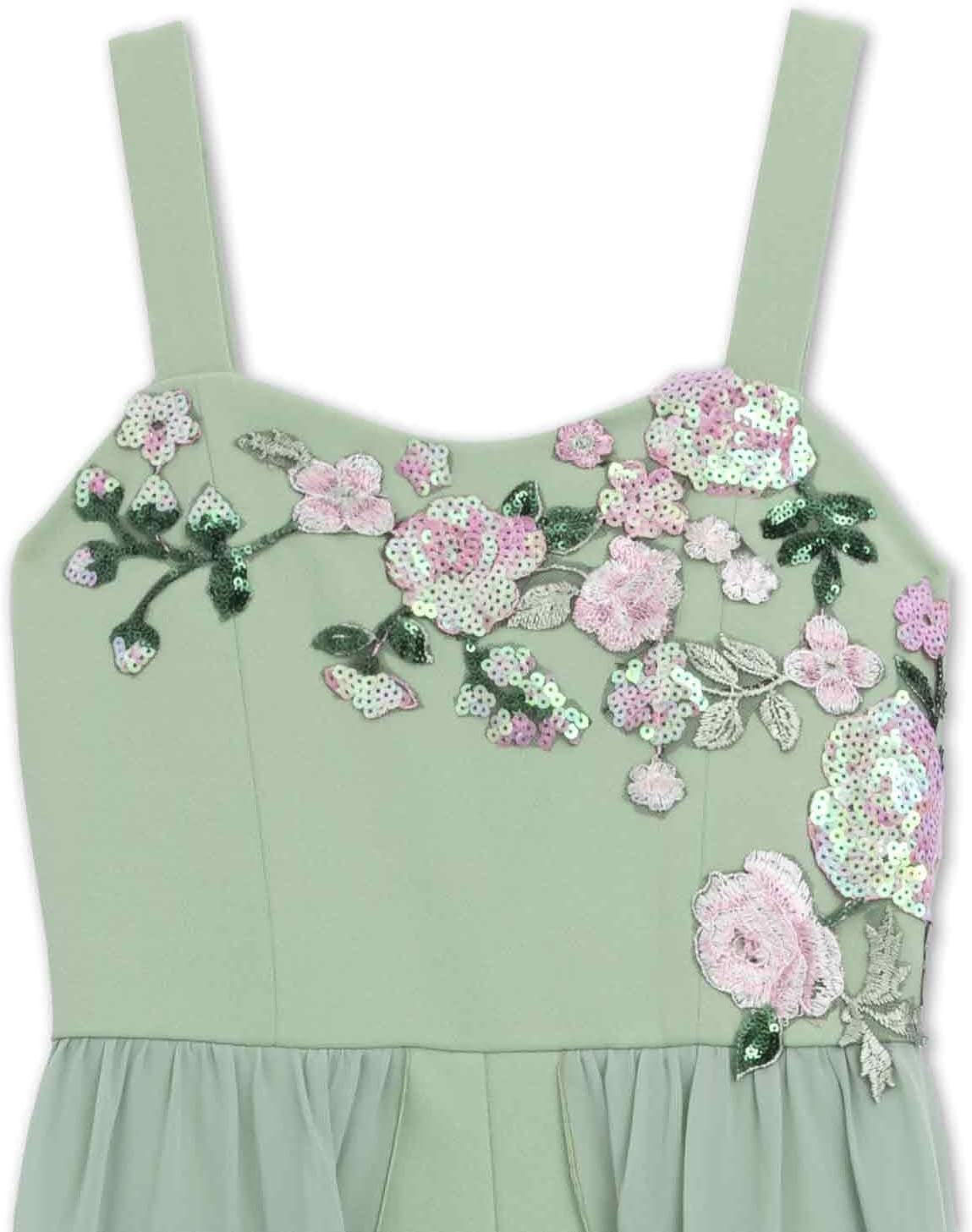 Speechless Girls' Floral Appliqué Romper With Chiffon Walk-through Maxi Skirt Overlay