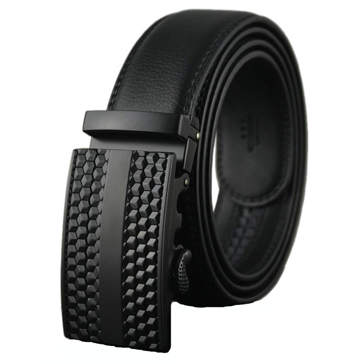 xsby Mens Leather Belt Sliding Buckle Ratchet Dress Belt 35mm Wide Black Style 03