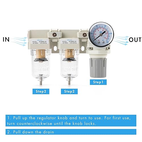 Miniatura 5 de Sistema de secado de aire NPT de 14 pulgadas  Filtro de compresor de aire  Filtros de aire dobles  Combo de regulador de presión de aire - Drenaje