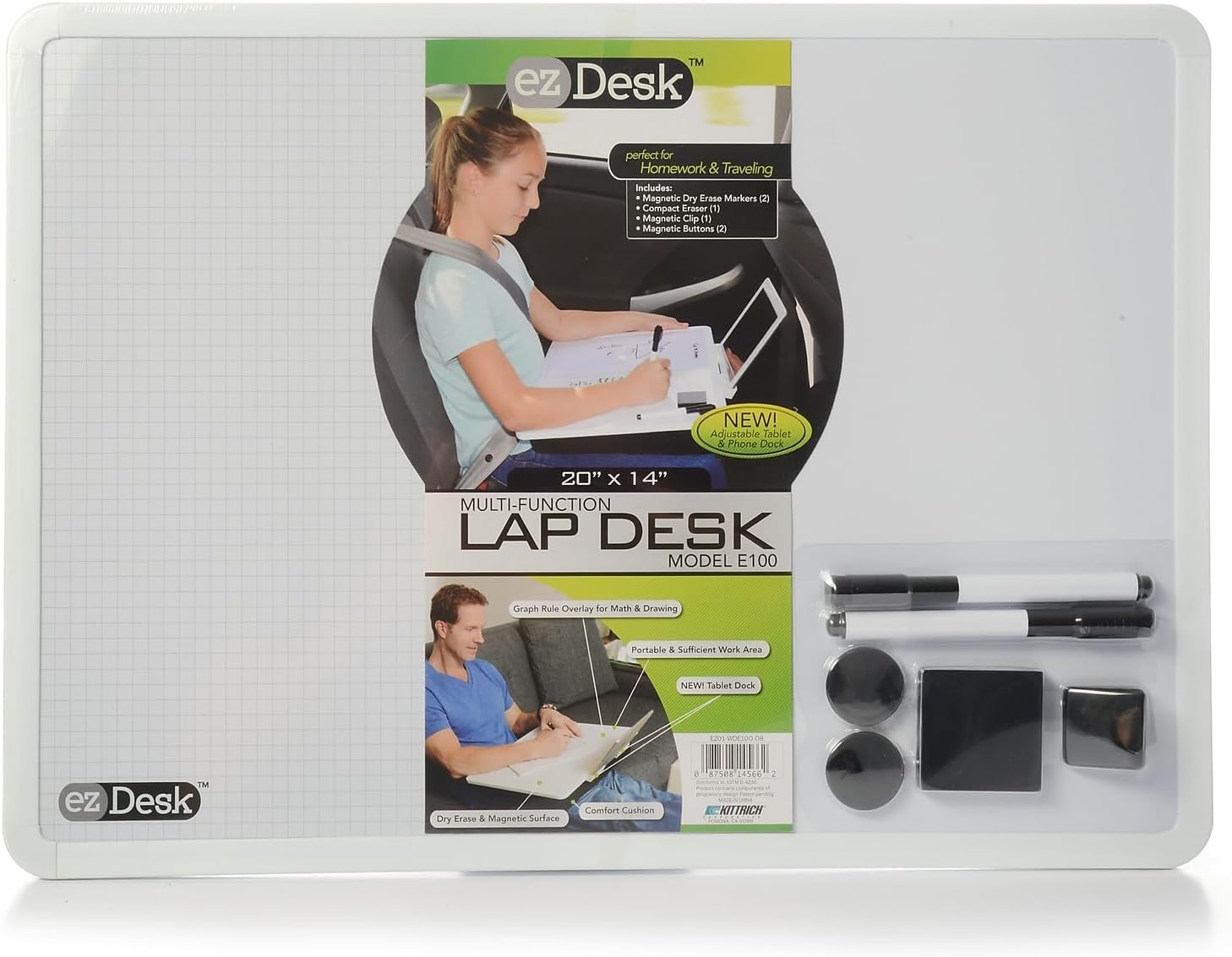 Kittrich Corporation EZDesk Magnetic Dry Erase Lap Desk with Graph Ruling, Tablet Dock and Accessories