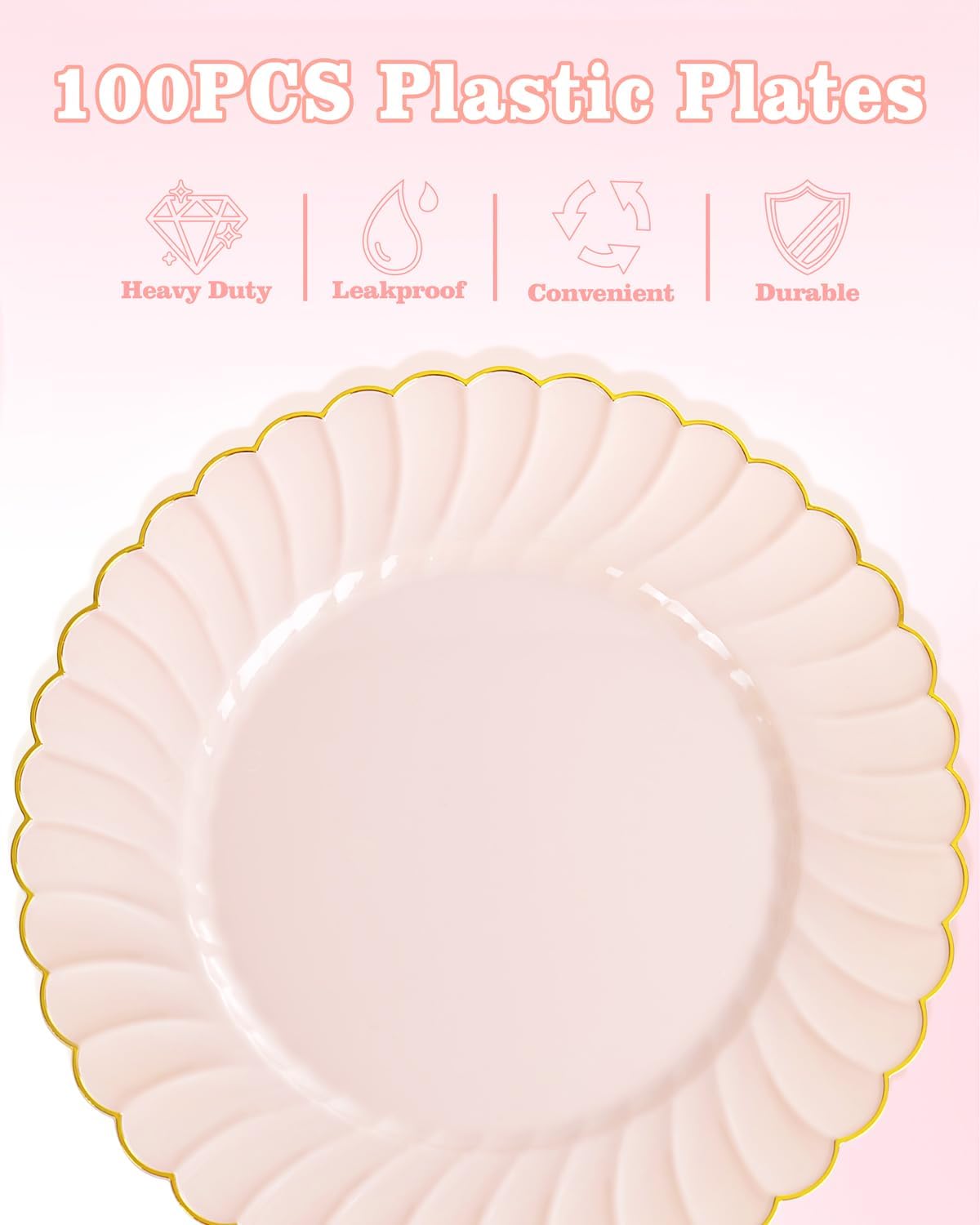 YOUBET 100PCS Pink Scalloped Plastic Plates - Heavy Duty Gold Disposable Fancy Hard Plates Include 50 Dinner Plate, 50 Dessert Plate, for Wedding & Party Easter Mothers Day