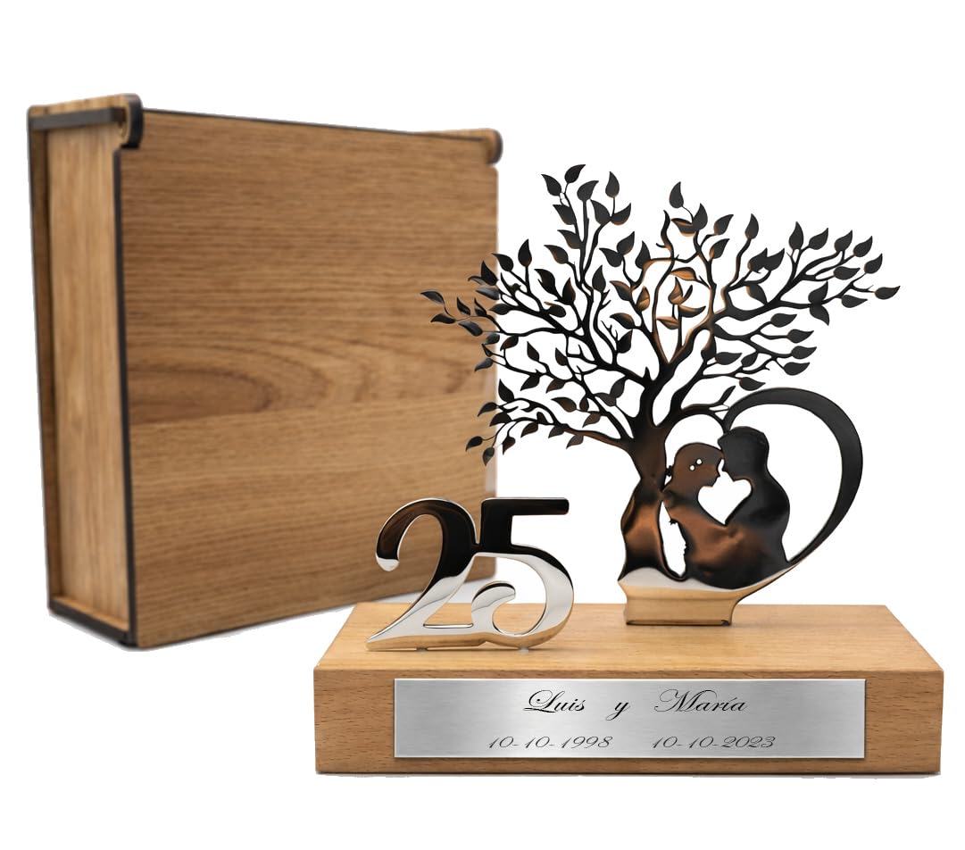 50 Aniversario Bodas Oro -Regalos 25, 50 Aniversario Boda- Figura Decorativa en Acero Inoxidable y Madera de Haya con Estuche de Madera de Lujo- Regalos para Bodas de Oro