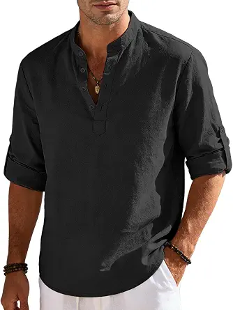 Men's Cotton Linen Henley Shirts Long Sleeve Collarless Casual Beach T Shirt Lightweight for Summer
