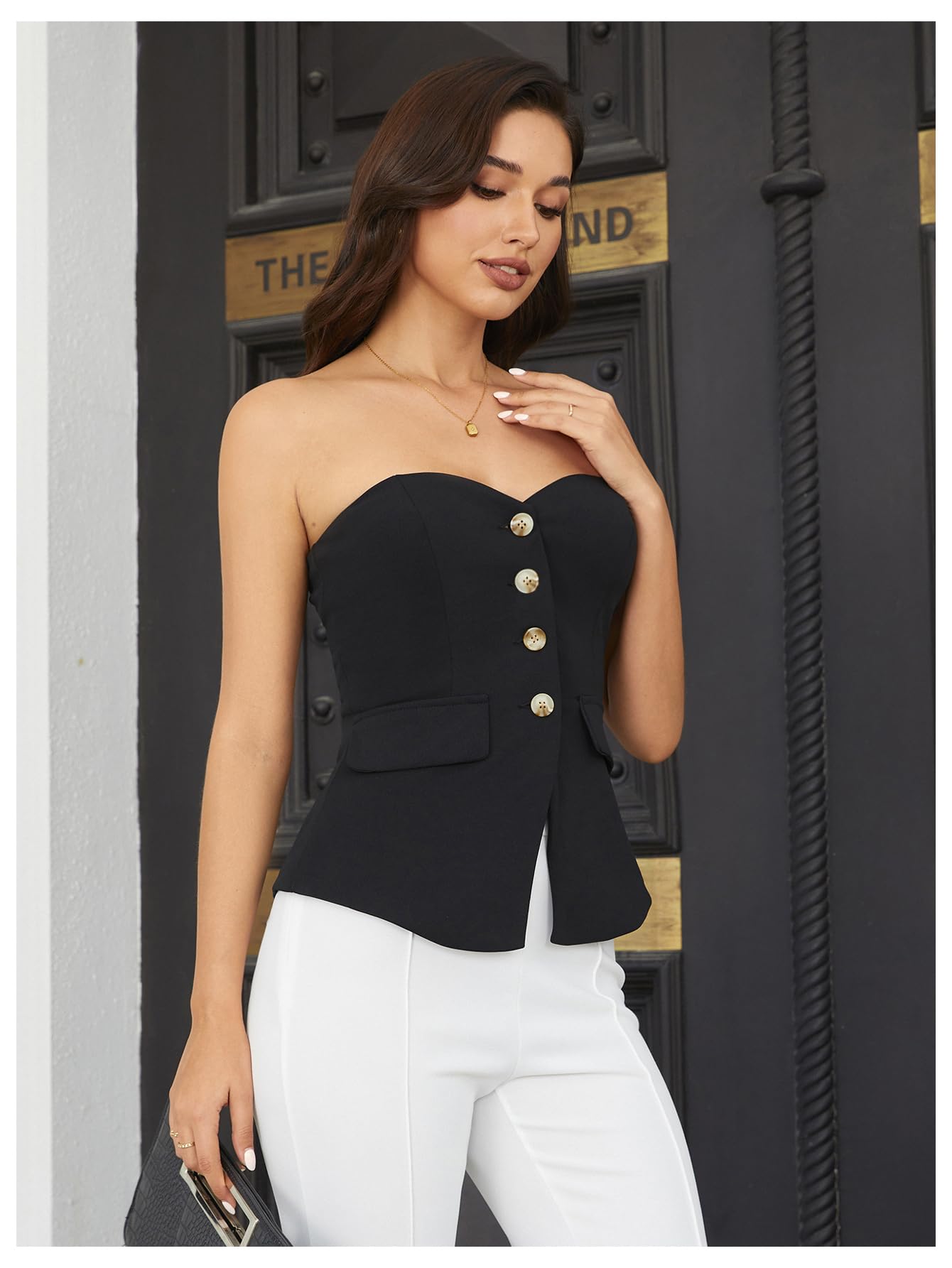OYOANGLE Women's Button Front Split Hem Strapless Tube Top Elegant Workwear Tank Tops