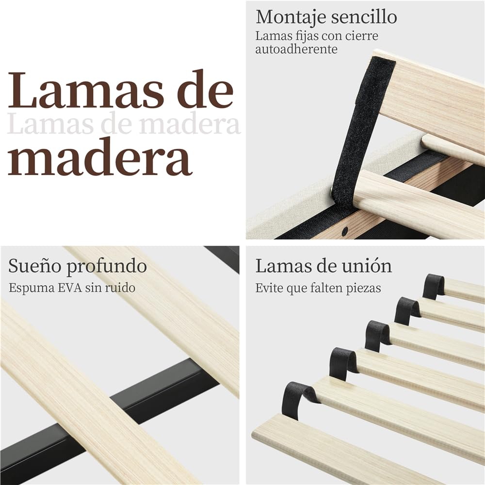 Yaheetech Marco de Cama Doble Acolchado Cuadrado 140×200cm Cabecero Ajustable en Altura con Base de Listones Color Beige