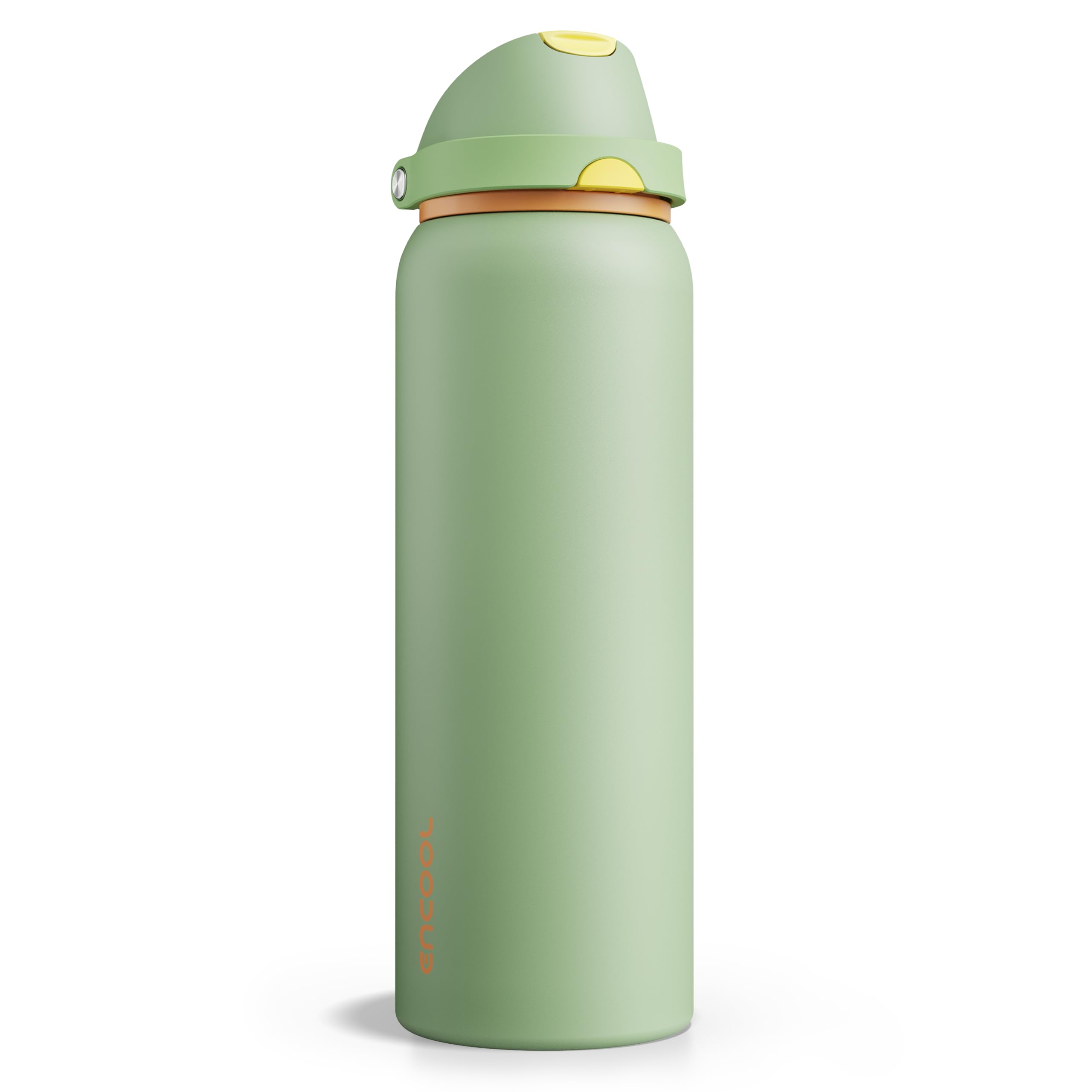 Insulated Water Bottle with Straw - Encool Stainless Steel Water Bottle with Push Button Lid, Leak-Proof &amp; BPA-Free, Keeps Cold for 24 Hours for Sports, Travel, Gym (40 oz, Lichen-Yellow)