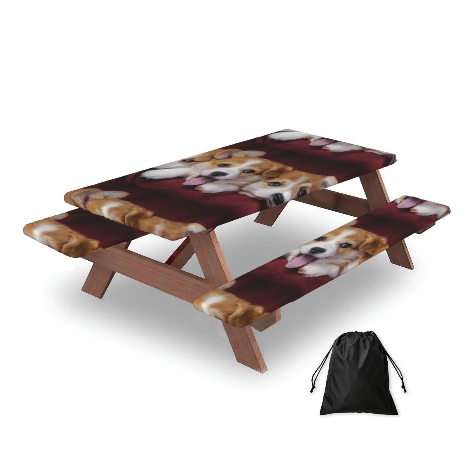 Welsh Corgi Dog, Picnic Table Cover With Bench Covers -Waterproof Elastic Fitted Tablecloth for Garden Camping Patio 76x152cm
