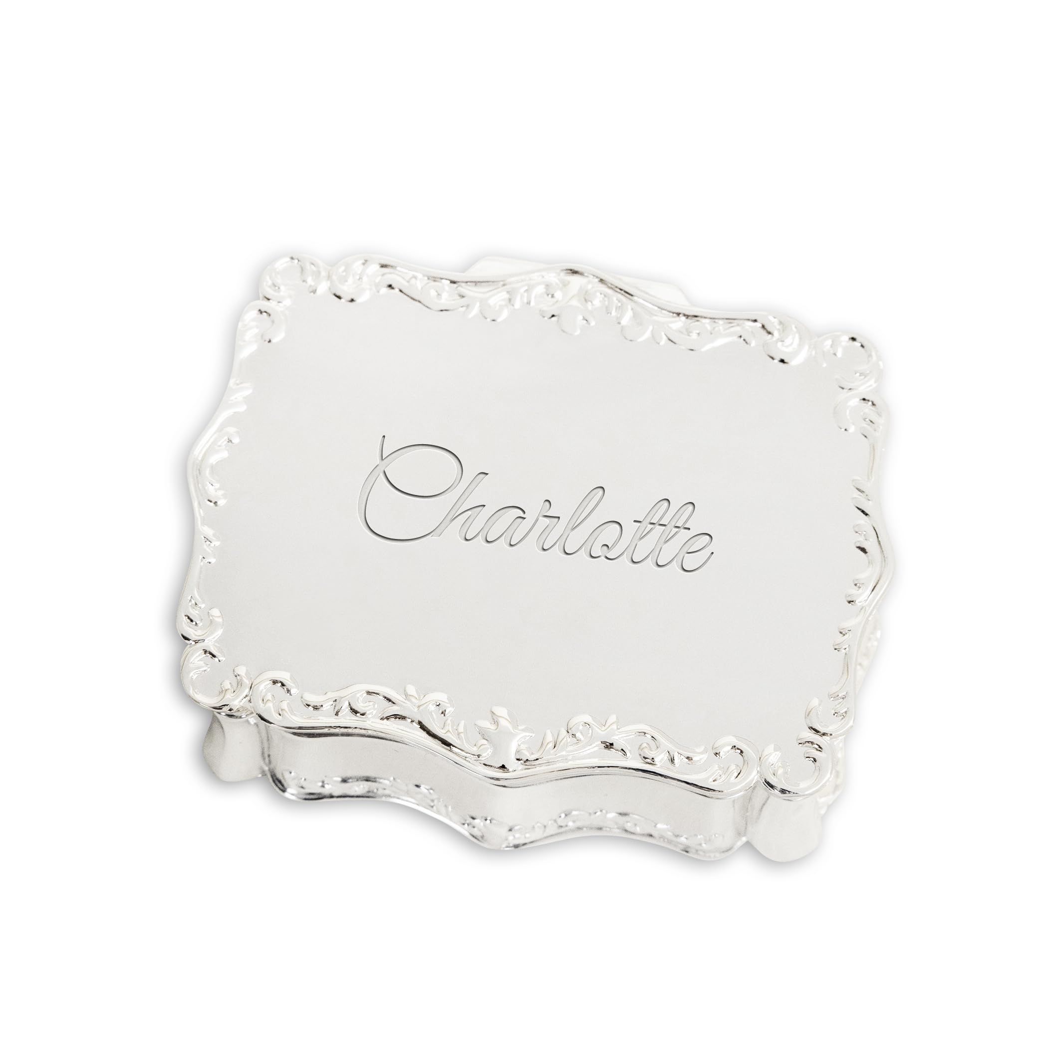 Cherished Moments Caja de recuerdos de joyería pequeña con forma rectangular personalizada con nombre o iniciales grabados, tono plateado