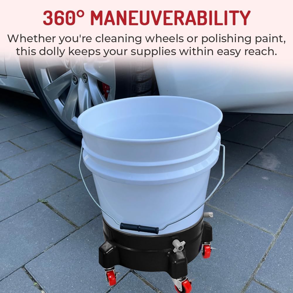 Heavy Duty Car Wash Bucket Dolly with 360° Swivel Casters | Fits 3.5–7 Gallon Buckets | 300 lb Capacity | Soap Holder | Rolling Pail Stand for Auto Detailing |Black