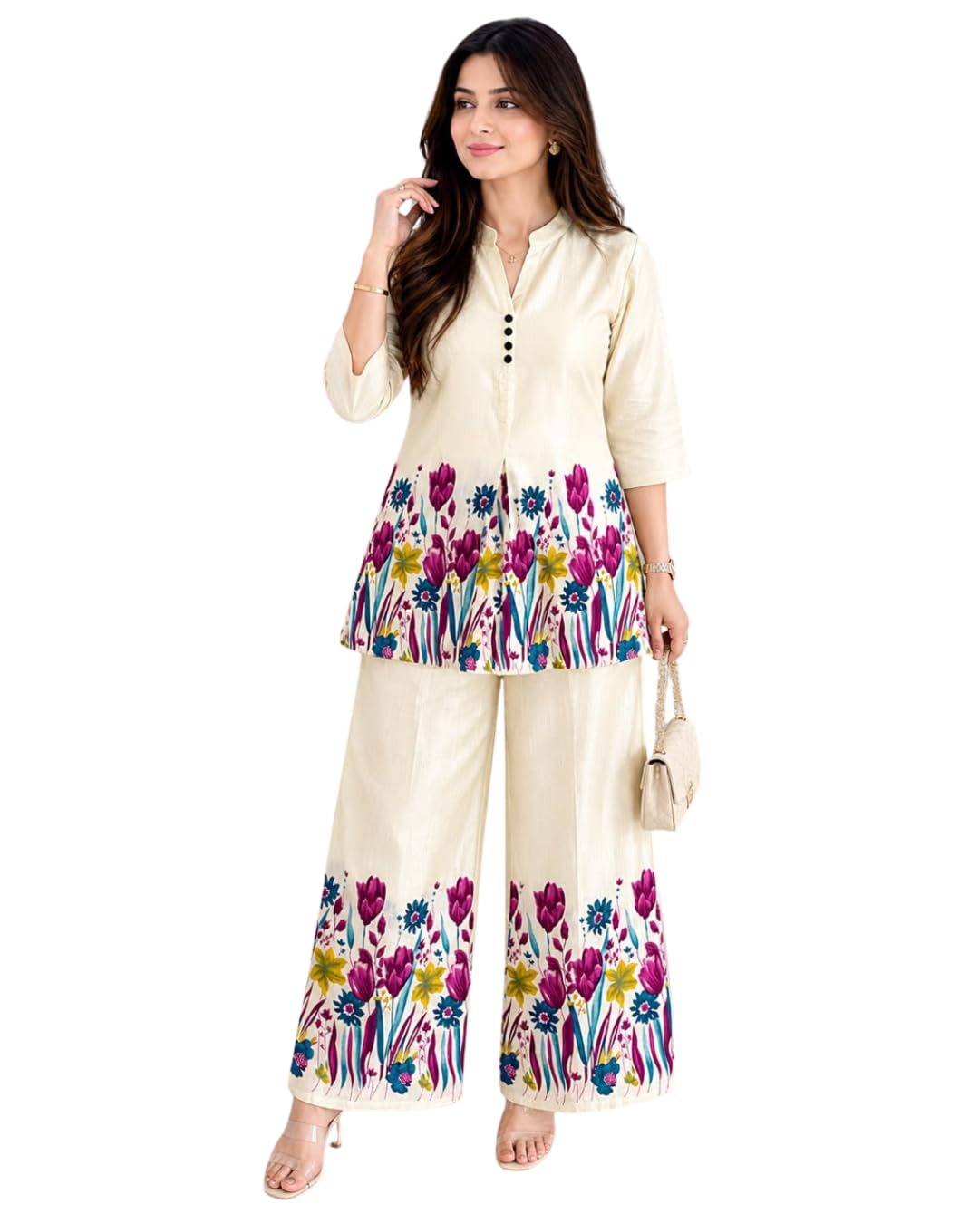 VEERA HUB Women's Floral Printed 3/4 Sleeve Co-Ord Set Stylish Matching Top & Bottom Set for Women (IN, Alpha, XL, WHITE)-picture-34