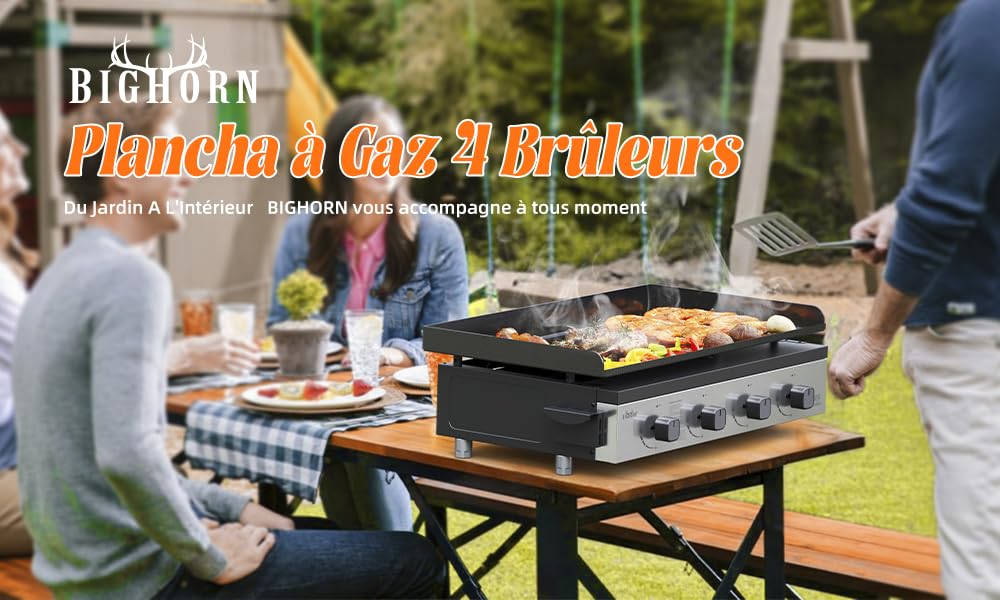 BIGHORN Plancha à gaz de 10kw,Grande surface de cuisson avec 4 brûleurs individuels，Plancha portable et extérieur