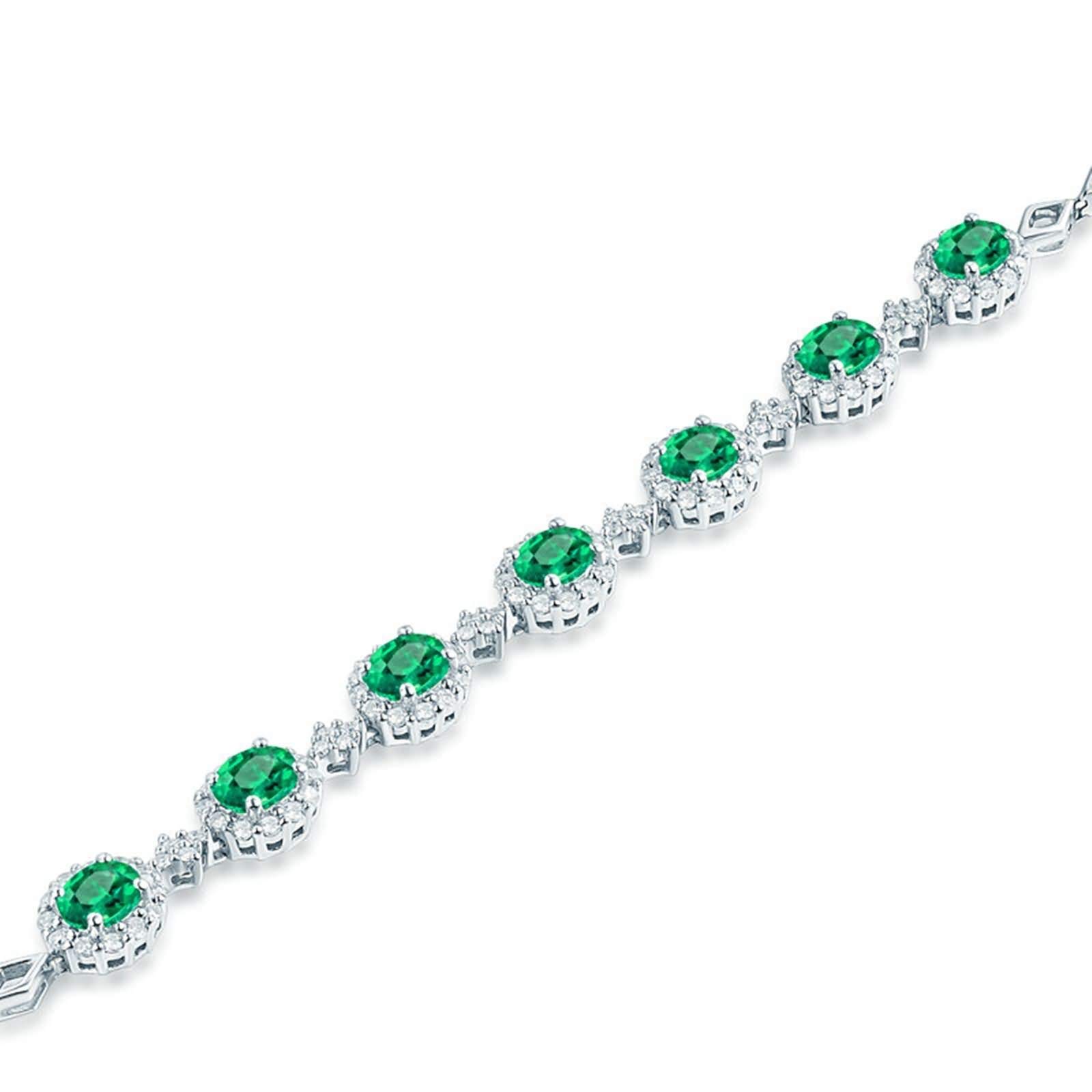 Pulseras de Mujer de Oro Blanco 9Kilates / 14Kilates / 18Kilates, Oval con Esmeralda de 2,4 ct y Diamante de 0,81 ct, Cadena Extensible 16 CM + 5 CM, Pulsera Mujer Ajustable Plata Verde