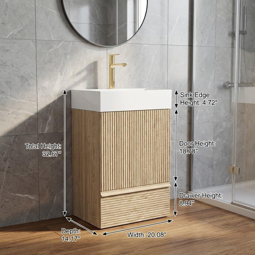 Fashionable Striped​ 20 inch Bathroom Vanity with Golden Metal Sink, Freestanding Modern Storage Cabinet with Soft-Closing Door 1 Drawer, for Small Bathroom, Powder Room, Hotel Light Oak