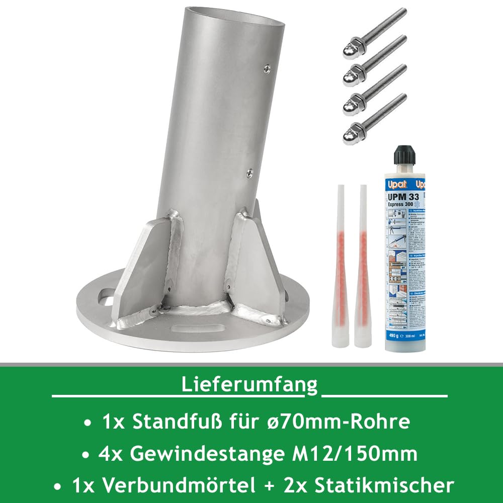 Standfuß, V2A-Edelstahl, zur Befestigung von Sonnensegelstangen mit Ø 70 mm | Rostfreier Mastfuß inkl. Befestigungsset für Beton & Estrich: Gewindestangen M12x150 mm, Verbundmörtel, Statikmischer