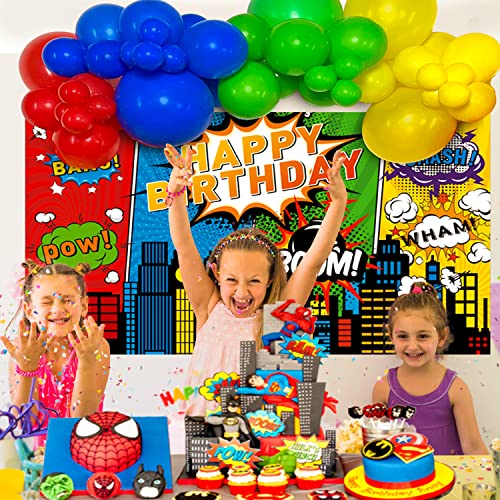 Happy Greetings 108 Pcs Super Hero Party Decorations Balloons Arch Garland Kit, Superhero Birthday Party Backdrop Hero Comic City Skyline Buildings Backdrop Theme Photo Booth 1St 2Nd Bday For Kids Boy #TOP2